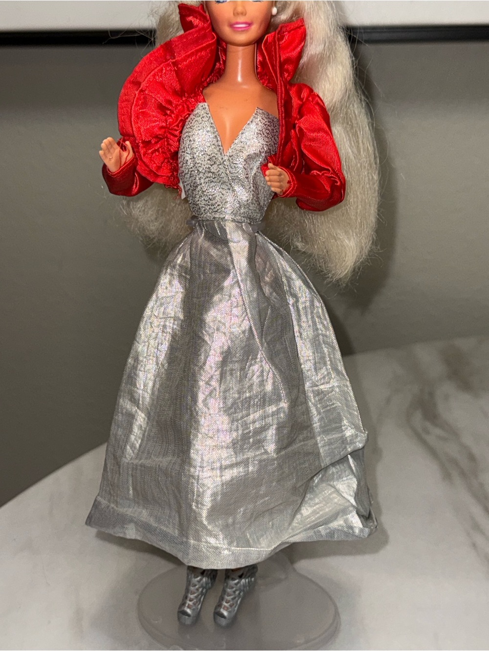 Barbie Mattel Silver Dress with short satin Red Jacket Silver Heels